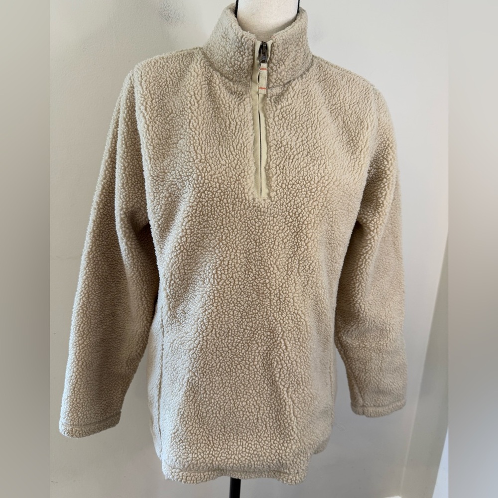 Land’s End tan Sherpa faux fur turtleneck jacket pull over 1/4 zip chunky warm M